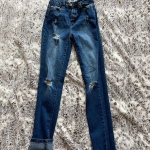 Dark Wash High Rise Distressed Skinny Jeans